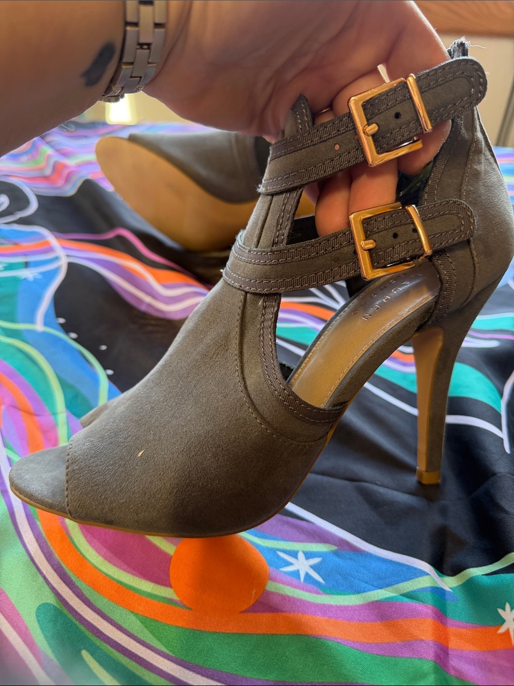 LC Lauren Conrad Charcoal Gray Suede Peep-Toe Strap Heels